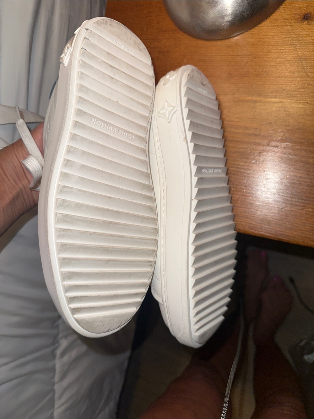 Louis Vuitton White Leather Low-Top Sneakers with Gold Accents - Picture 7 of 17